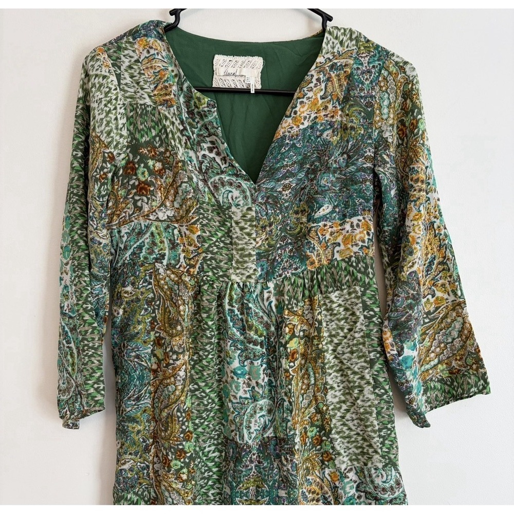 Anthropologie Floreat Amelia Dress Womens 0 Green Silk Kimono Lined Sheer Boho